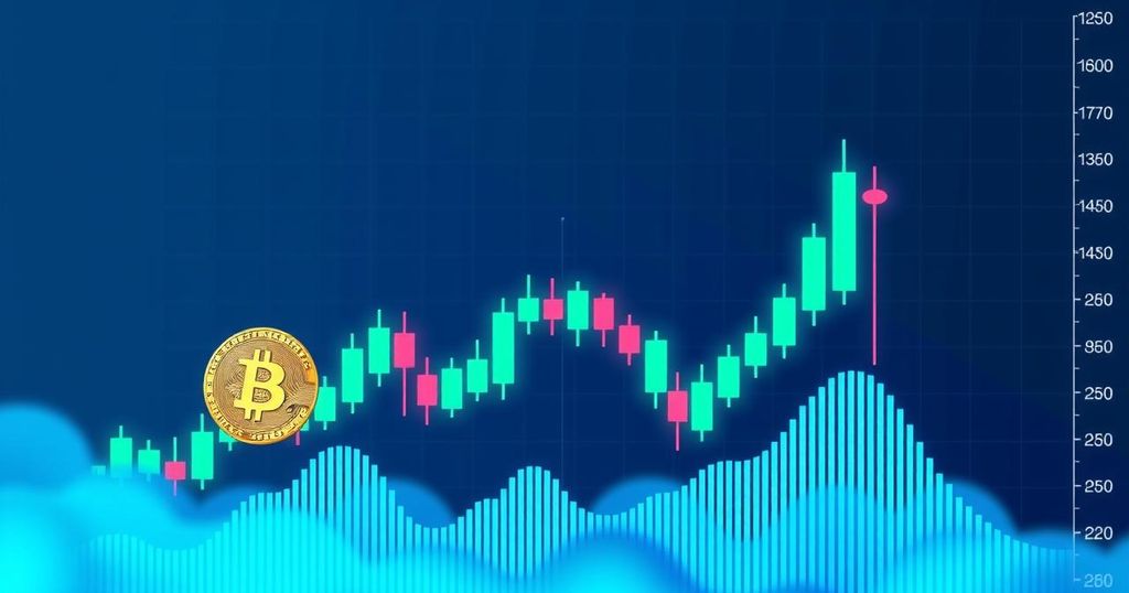Cryptocurrency market trends with Bitcoin, Ethereum, Ripple price graphs and vibrant bullish candlestick chart.
