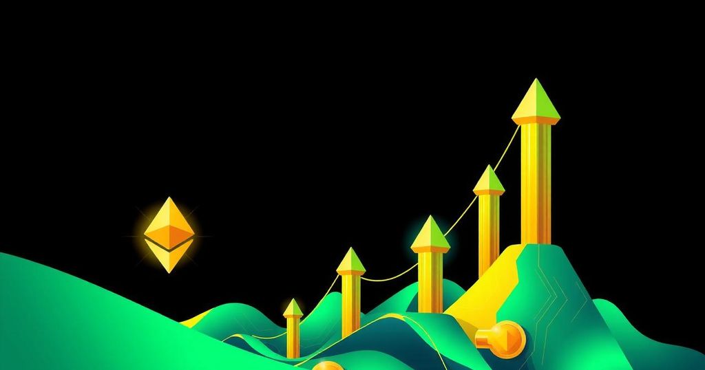 An abstract representation of Ethereum's rise, with vibrant green and gold colours symbolizing financial growth and potential.
