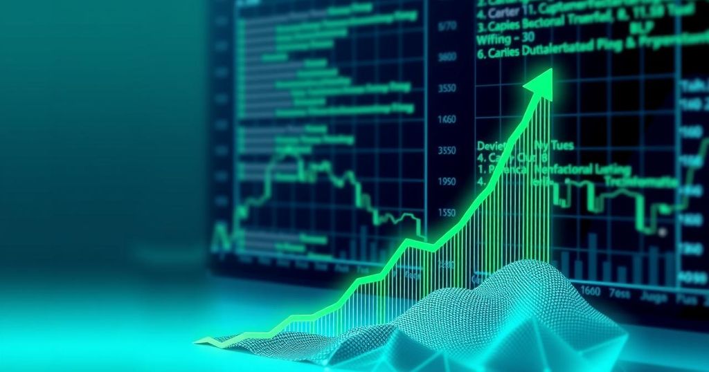 A vibrant upward graph symbolising cryptocurrency growth amidst abstract digital elements and optimistic colours.