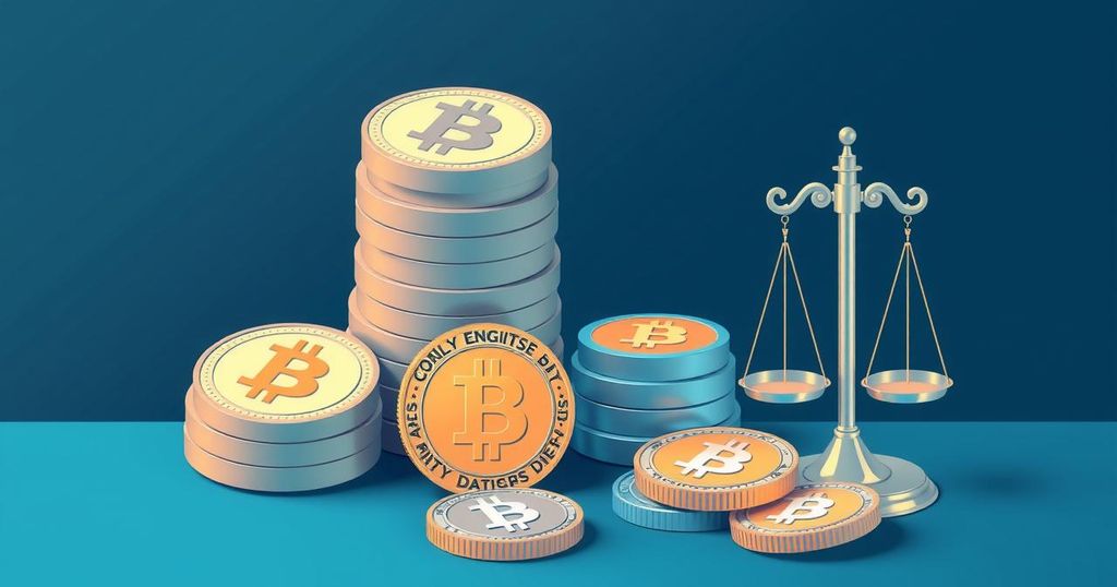 A digital representation of cryptocurrency debates, featuring abstract coins and legislative symbols in a modern style.