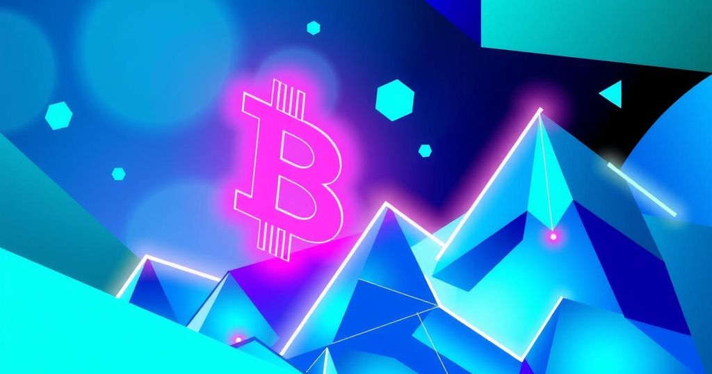 An abstract representation of Bitcoin's surge with geometric shapes in neon blue and green hues.