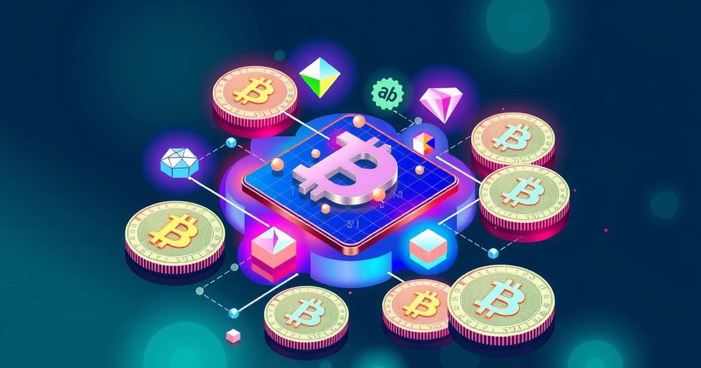 A vibrant illustration of blockchain technology with digital coins and regulatory symbols, signifying crypto market developments.