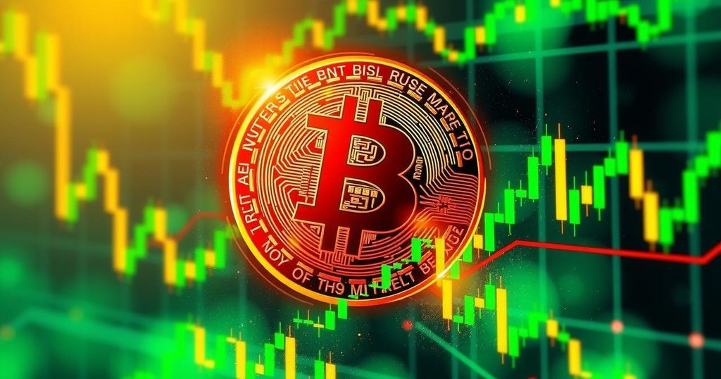 A Bitcoin symbol rising against an optimistic financial backdrop with vibrant colours and modern artistic style.