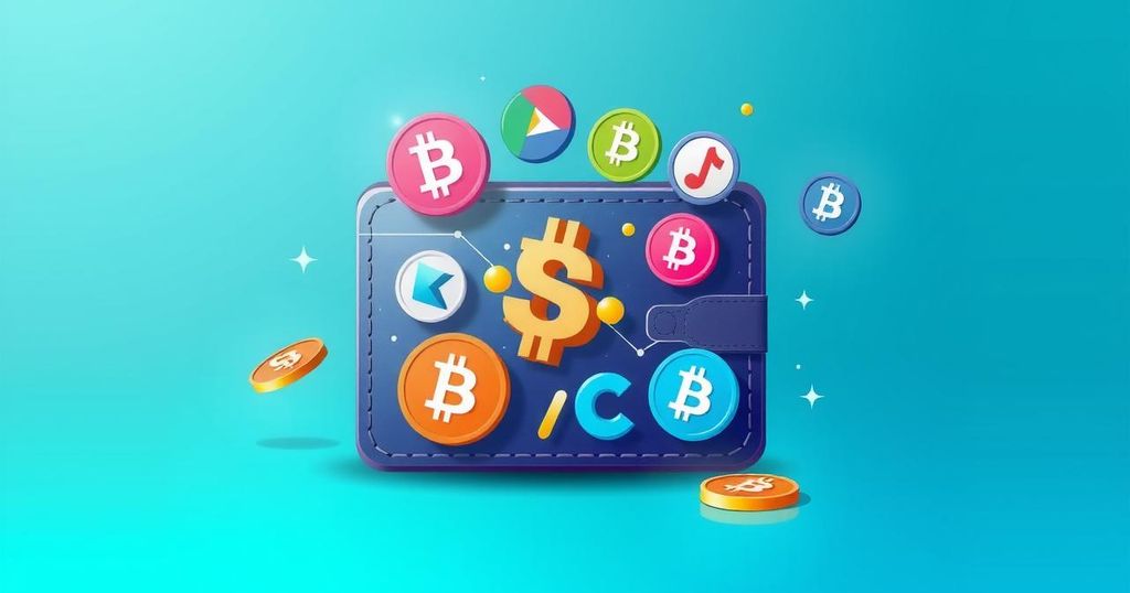A digital wallet with cryptocurrency icons against a gradient blue and green background, symbolising modern finance.