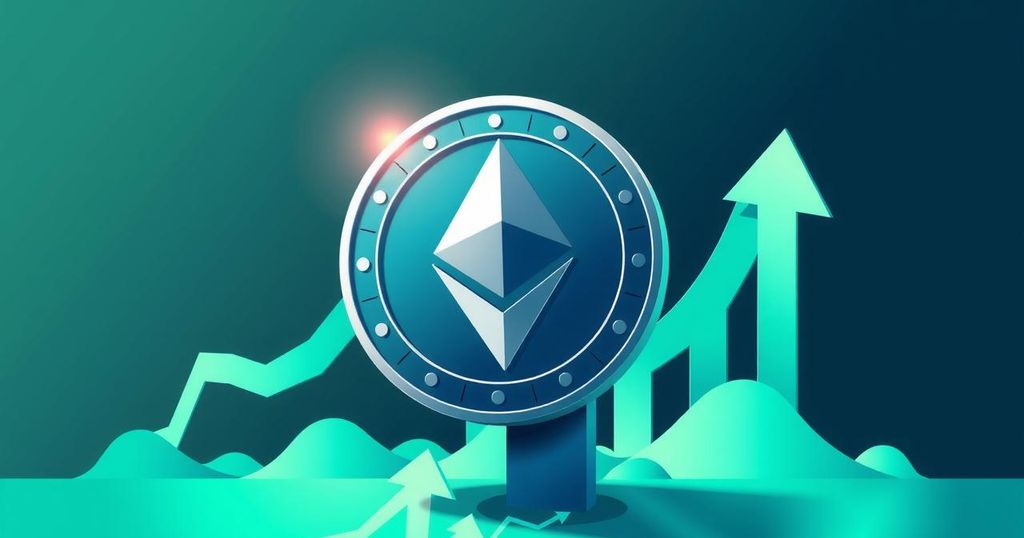 A digital representation of Ethereum's rise, featuring a stylised coin amidst upward arrows and a financial graph backdrop.