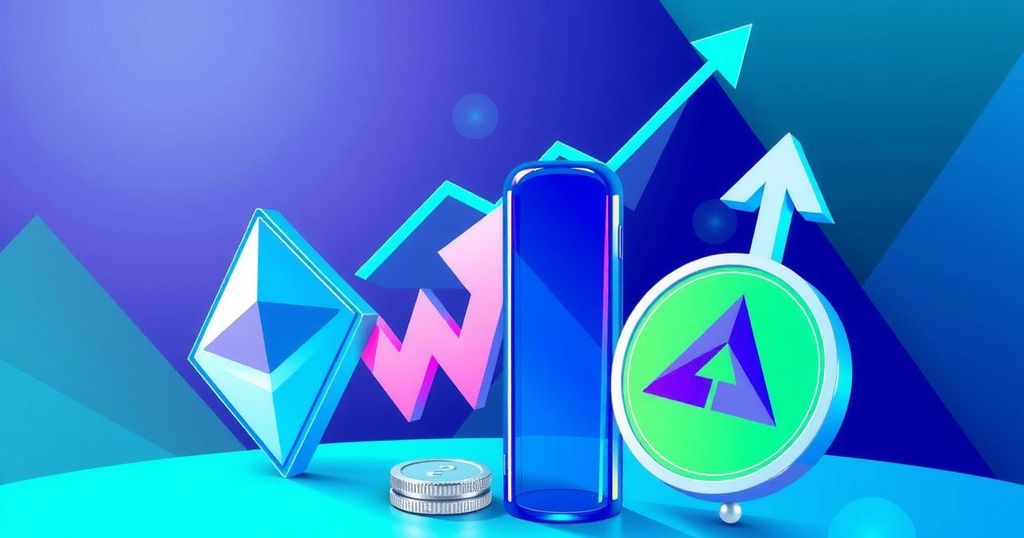 A vibrant digital illustration of cryptocurrency symbols, with Ethereum, Solana, and Avalanche logos and upward trends.