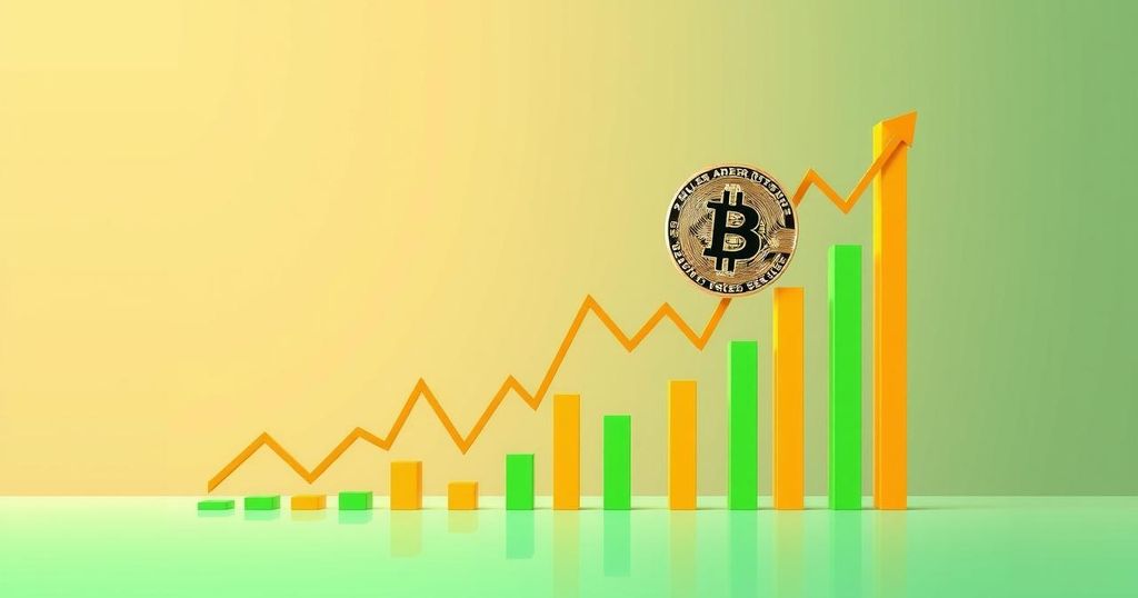 A stylised financial chart depicting the rise of Bitcoin with green and orange tones, symbolising financial growth.