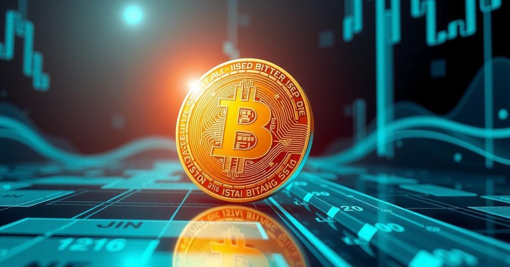 Golden Bitcoin coin shining amidst a futuristic digital background with blue and green hues, symbolising financial growth.