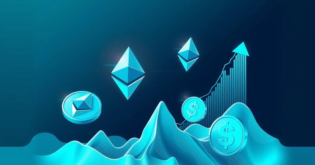 A crypto market scene with Ethereum symbols rising amidst a graph of fluctuating currencies, in modern abstract style with cool tones.