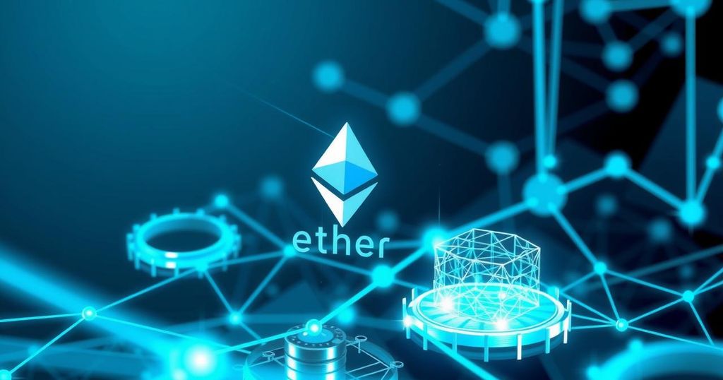 A digital representation of Ether treasury featuring blockchain elements and vibrant blue-green tones.