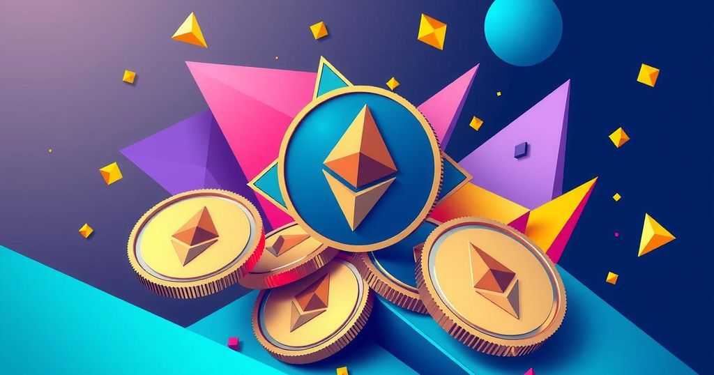 A vibrant digital illustration of Ethereum coins with abstract geometric shapes, set in a blue and gold colour scheme.