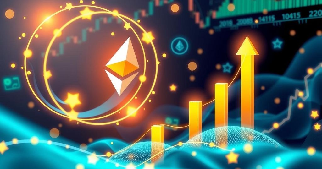 A digital artwork of swirling ether symbols and stock graphs on a vibrant background, representing crypto trading growth.
