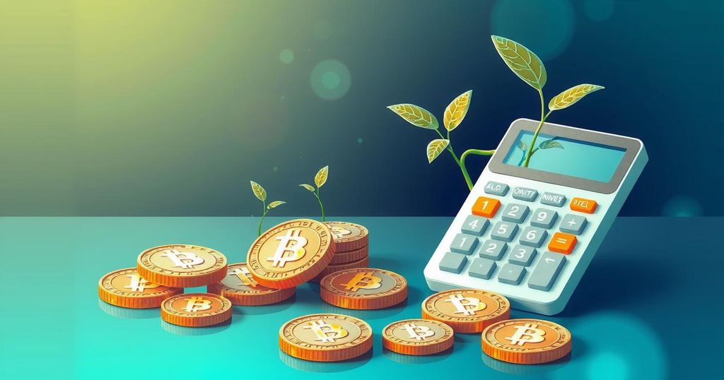 A digital illustration of a treasury management concept featuring Dogecoin coins, a growing plant, and a calculator against a tech-inspired background.