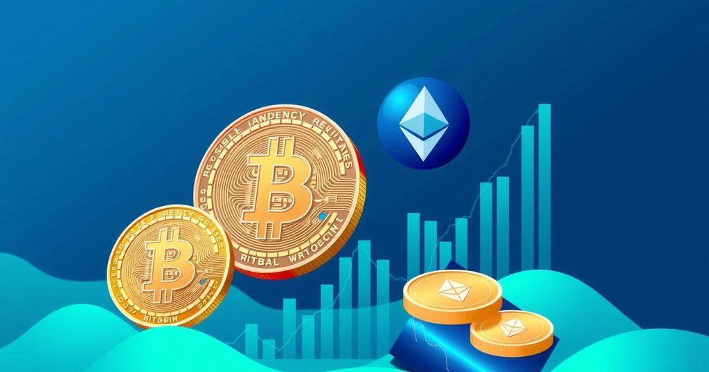 Cryptocurrency market overview with Bitcoin and Ethereum representations, featuring dynamic charts and vibrant colours.
