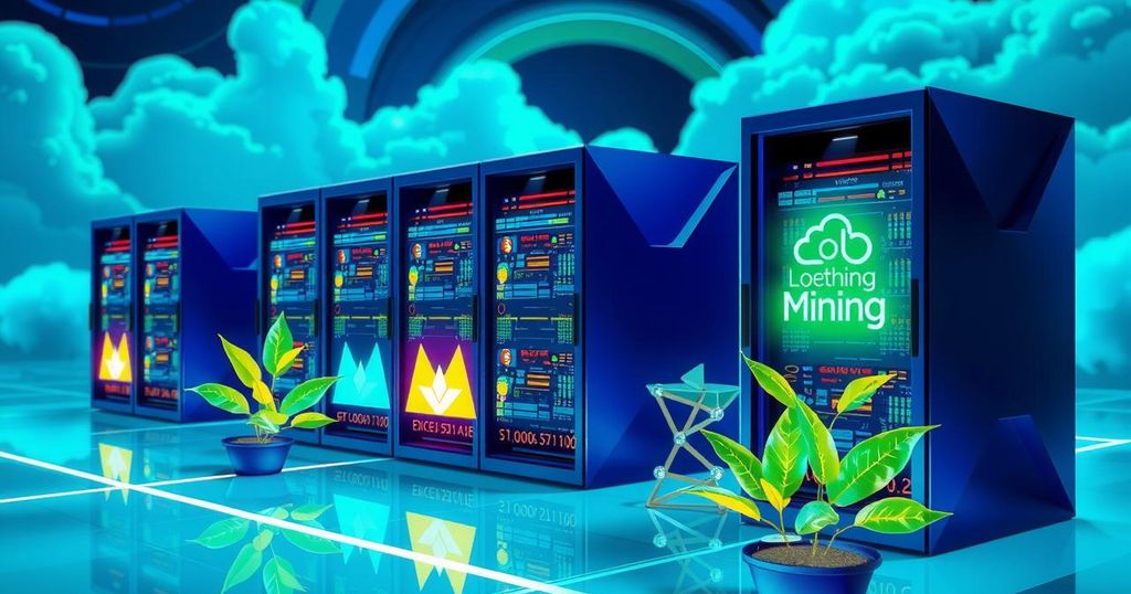 A digital landscape showcasing cloud mining servers with green elements, vibrant colours, and sleek design.