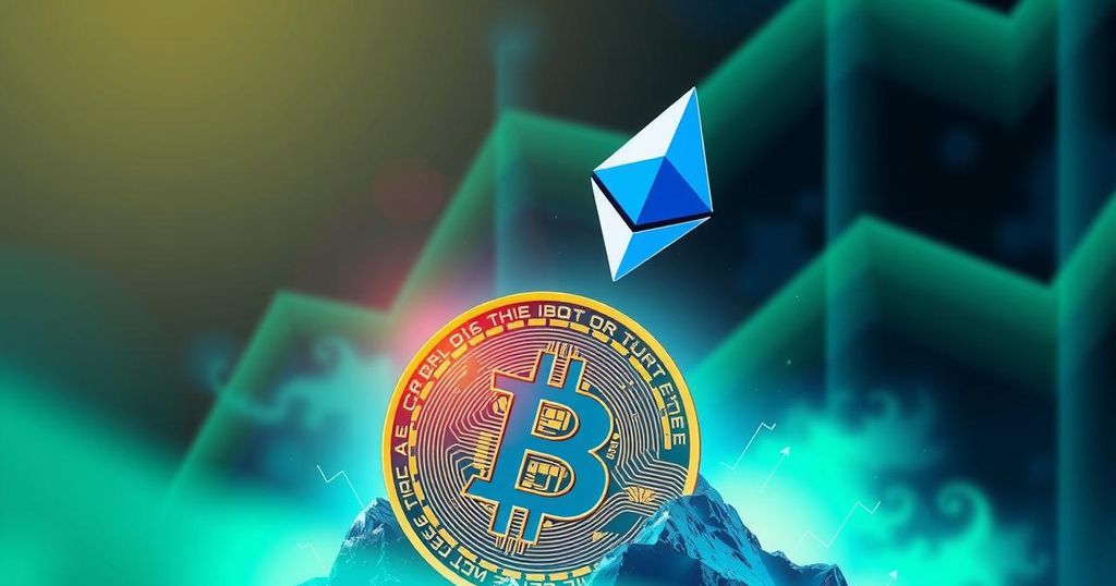 A digital art piece showing Ethereum's logo rising prominently above Bitcoin's logo with vibrant green and blue hues.