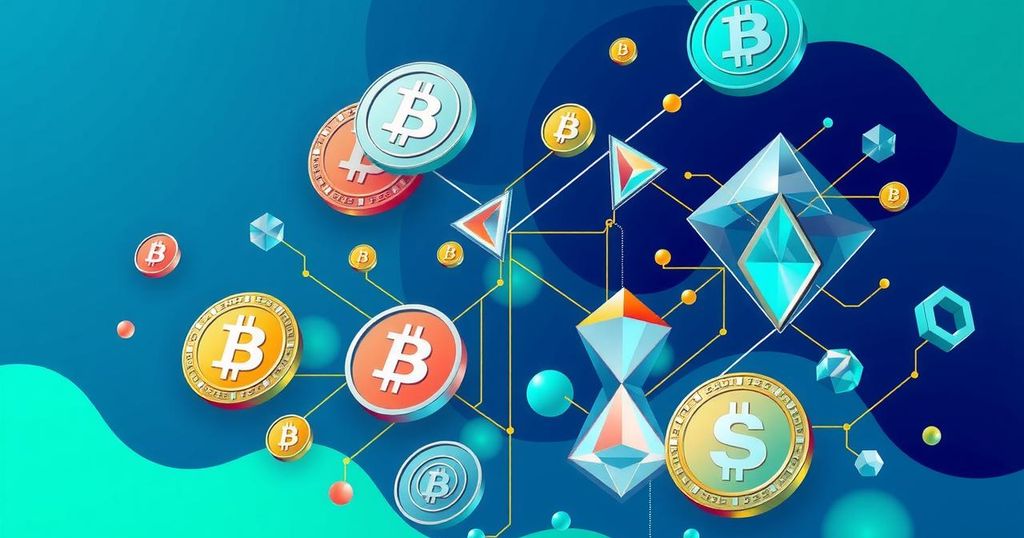 A cryptocurrency concept illustration representing various tokens and blockchain technology in vibrant colours.
