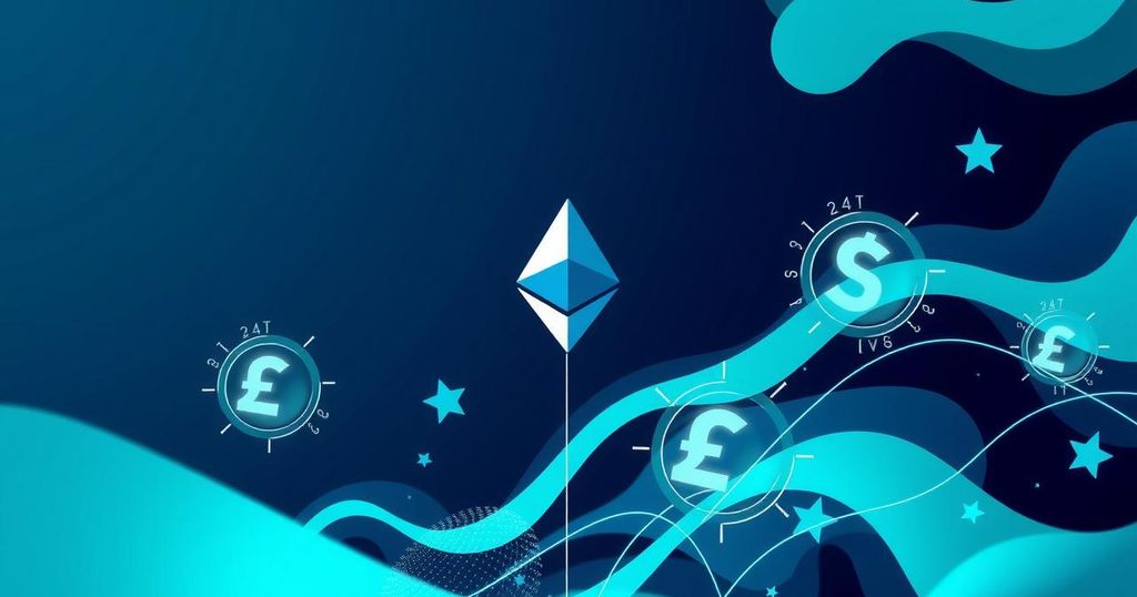 A digital representation of Ethereum's utility with abstract crypto symbols, blue and green hues, and modern style elements.