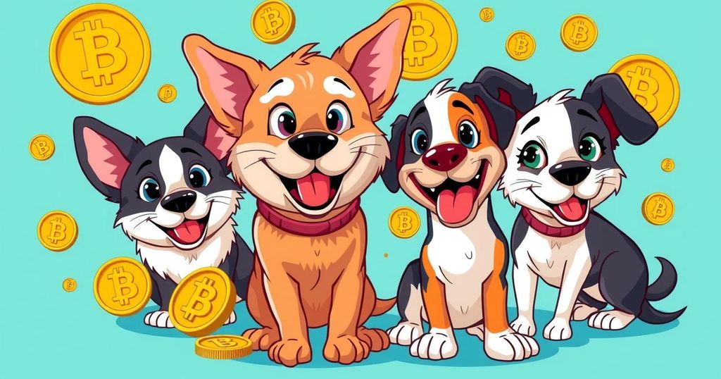 A whimsical representation of meme coin culture, featuring cartoon dogs and coin symbols, vibrant colours, playful style.