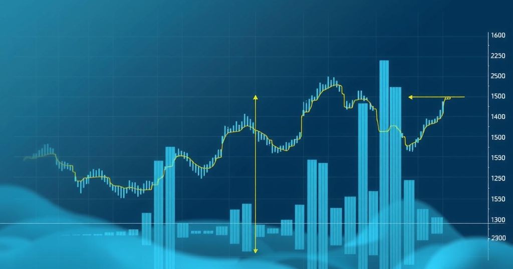 Graph depicting fluctuating cryptocurrency prices with bars and lines, focusing on a declining trend in a styled abstract format.