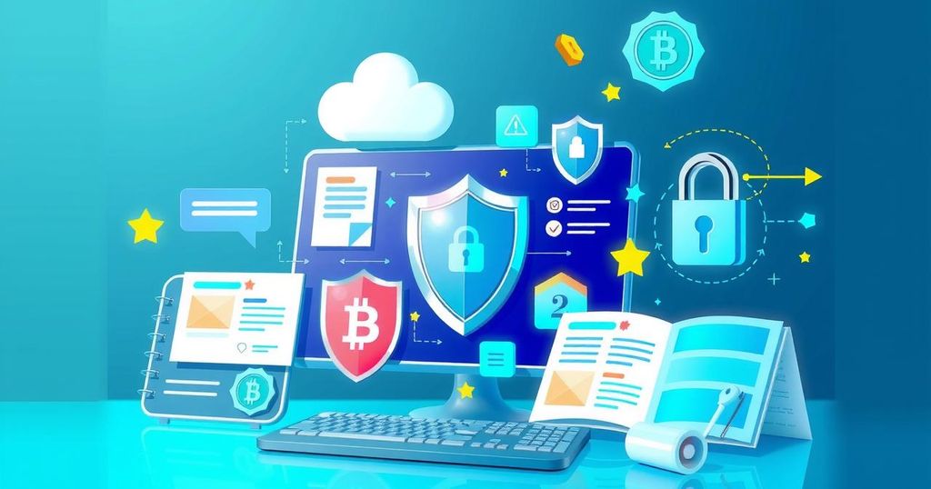 A vibrant digital illustration showcasing a secure online crypto environment with educational tools and symbols of safety.