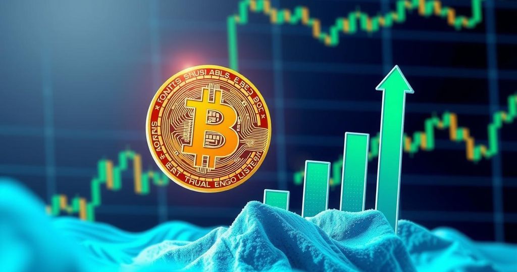 A digital artwork depicting a soaring Bitcoin symbol against a backdrop of financial charts, amidst a vibrant colour palette.