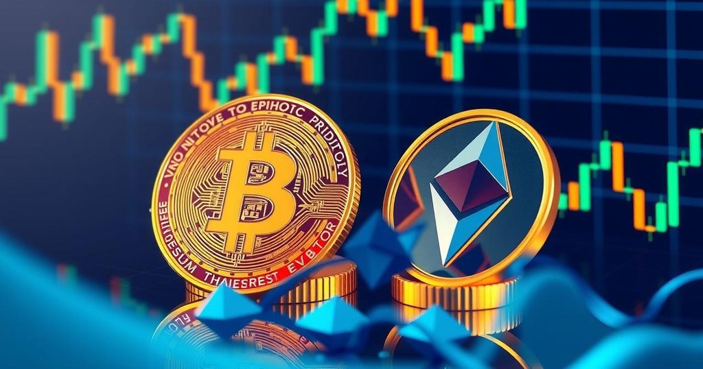 Digital currency themed illustration with Bitcoin and Ethereum symbols on a fluctuating graph background.