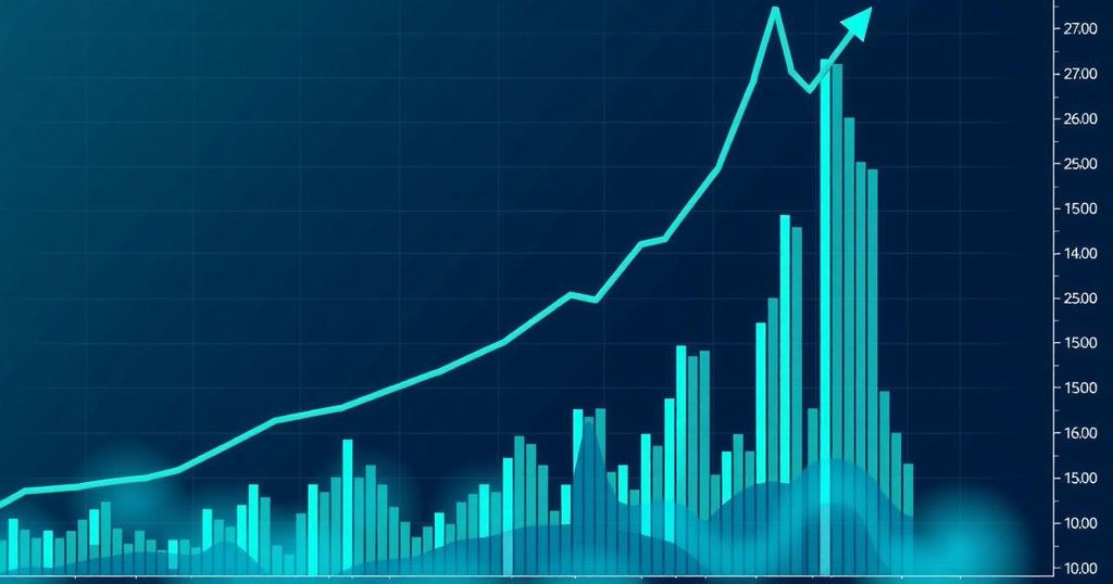A digital chart depicting a bullish trend for cryptocurrency, showcasing upward movement and technical indicators against a blue and green palette.
