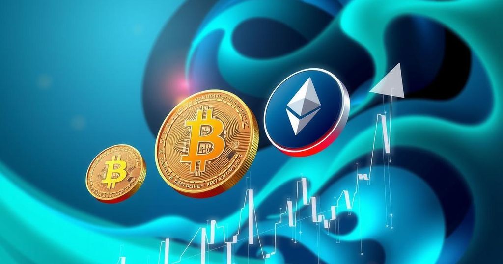 A vibrant digital landscape depicting a cryptocurrency market surge with abstract coin icons and dynamic colours.