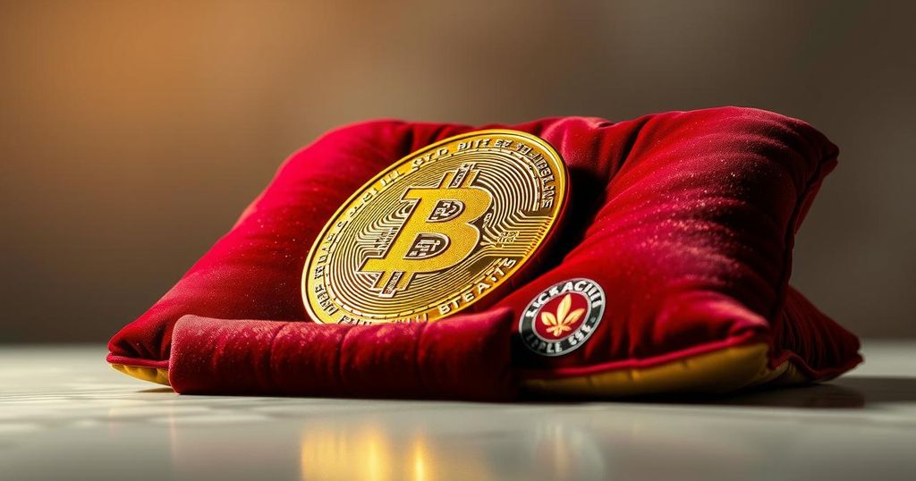 A Casascius Bitcoin bar placed securely on a velvet cushion, illuminated under soft lighting, showcasing its gold plating.