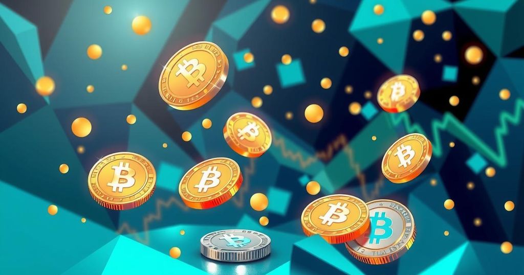 Stylized representation of a cryptocurrency exchange, with digital coins and abstract trading symbols, in vibrant colours.