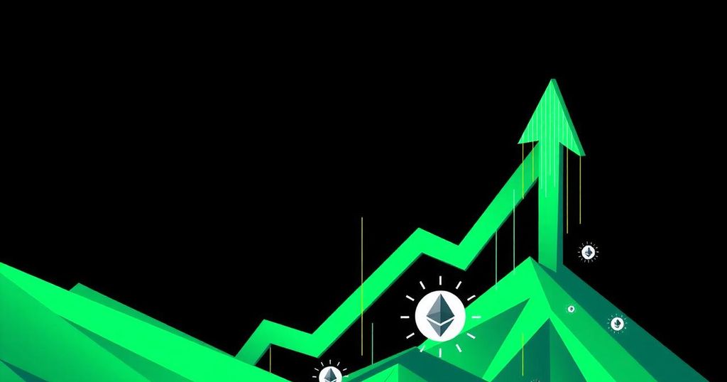 A dynamic representation of Ethereum's financial growth with bold green lines, upward arrows, and cryptocurrency symbols.