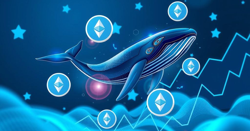 A conceptual illustration of cryptocurrency dynamics with whale symbols, Ethereum logos, and rising market graphs in cool blue tones.