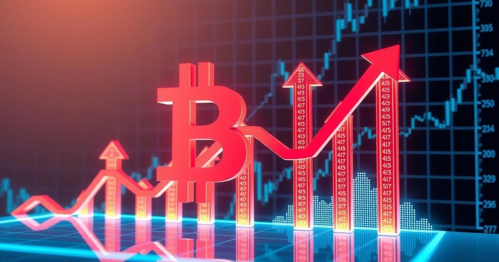 A bullish Bitcoin-themed illustration with dynamic price chart and upward arrows, showcasing market analysis and trends.