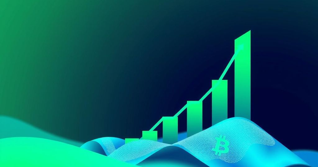 A digital representation of rising Bitcoin prices against a backdrop of financial graphs and optimistic market sentiment.