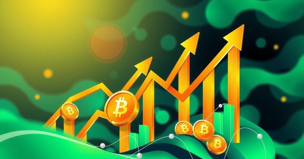 Abstract representation of cryptocurrency market surge featuring vibrant graphs and bullish trends in green and gold hues.