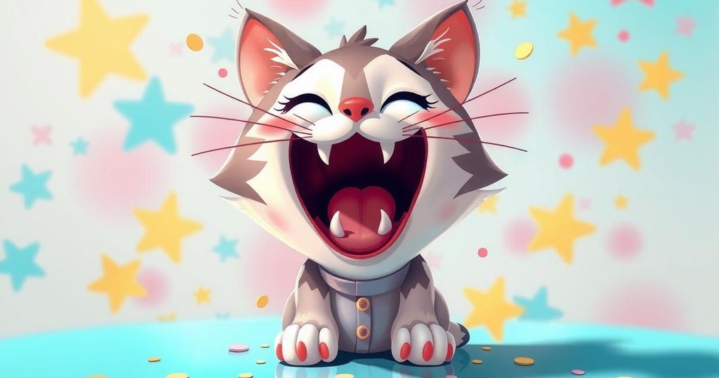 A playful digital illustration of a cartoon cat with an exaggerated open mouth, set against a vibrant background.