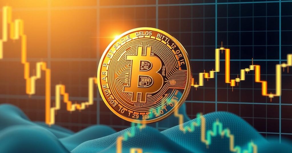 A digital coin with a fluctuating graph backdrop, blending golden and cool tones, symbolising cryptocurrency market dynamics.