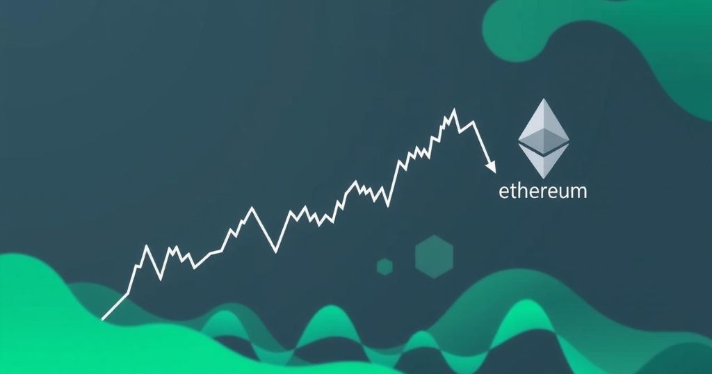 Ethereum trading graph with downward trend lines, green and grey tones, showcasing market fluctuations and projections.