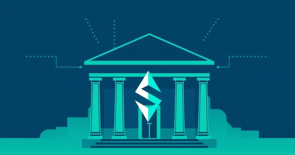 A stylised crypto firm logo under a bank building silhouette, showcasing the merging of finance and technology.