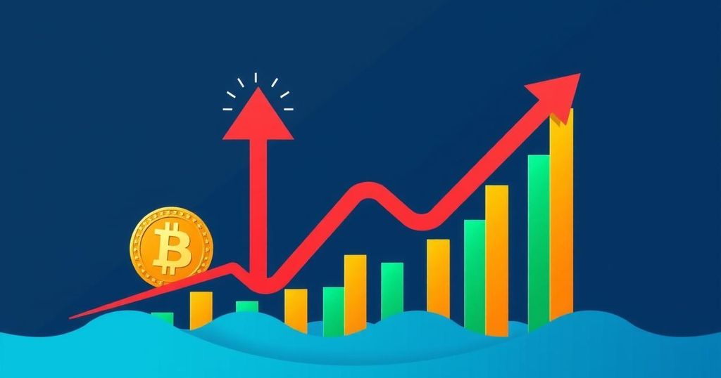 A graph visualising Bitcoin trends with a downward arrow and multicoloured bars representing market fluctuations.