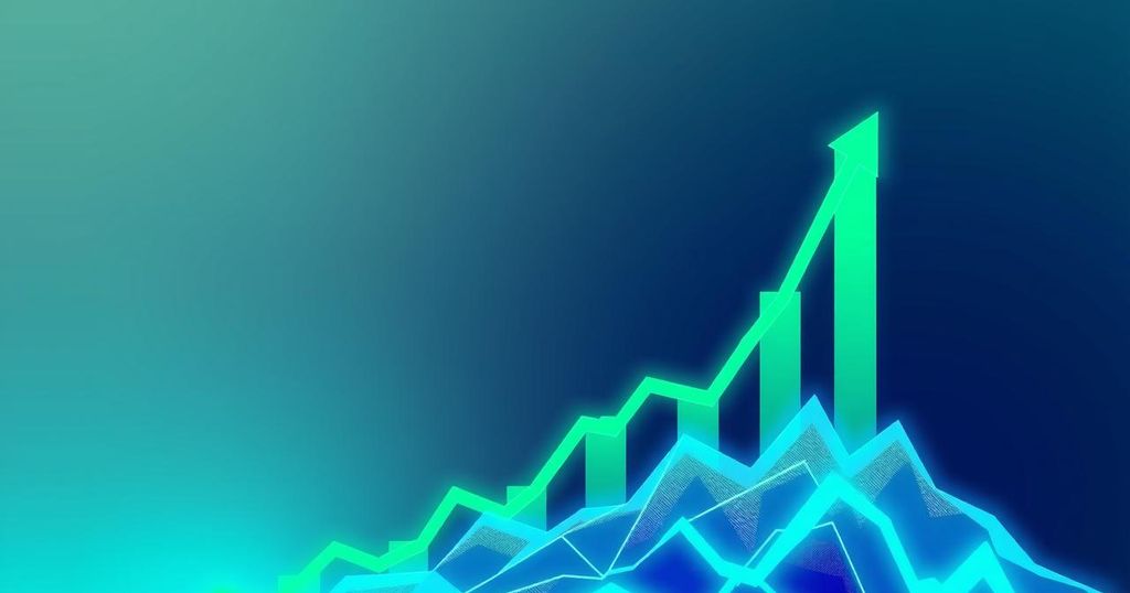 A digital representation of rising cryptocurrency values with vibrant colours reflecting financial growth and trends.