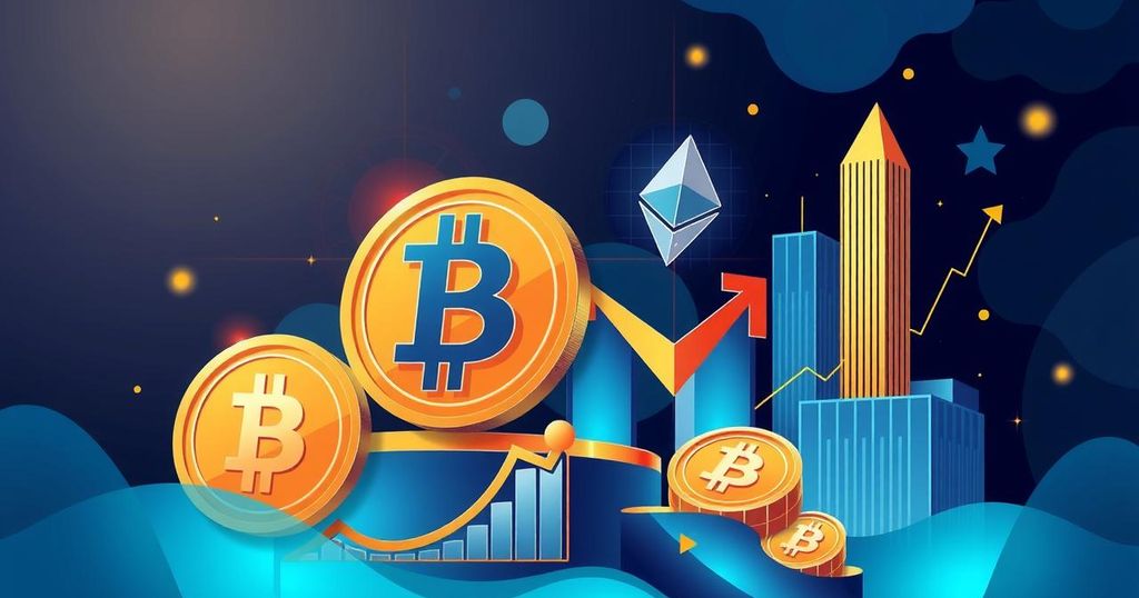 A conceptual illustration of cryptocurrency coins amidst corporate undertones, showcasing Bitcoin and Ethereum symbols.