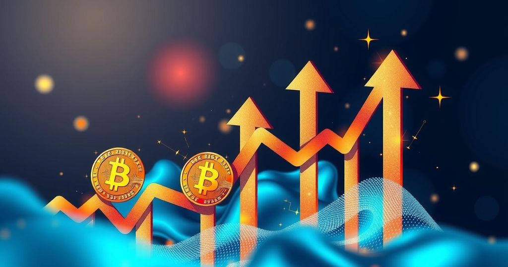 Abstract illustration of Bitcoin's price surge with upward arrows and digital currency symbols, in a modern art style with blue and gold tones.