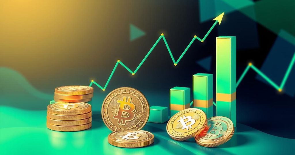 Abstract representation of financial growth with rising bar graphs, coins, and vibrant colours suggesting cryptocurrency trends.
