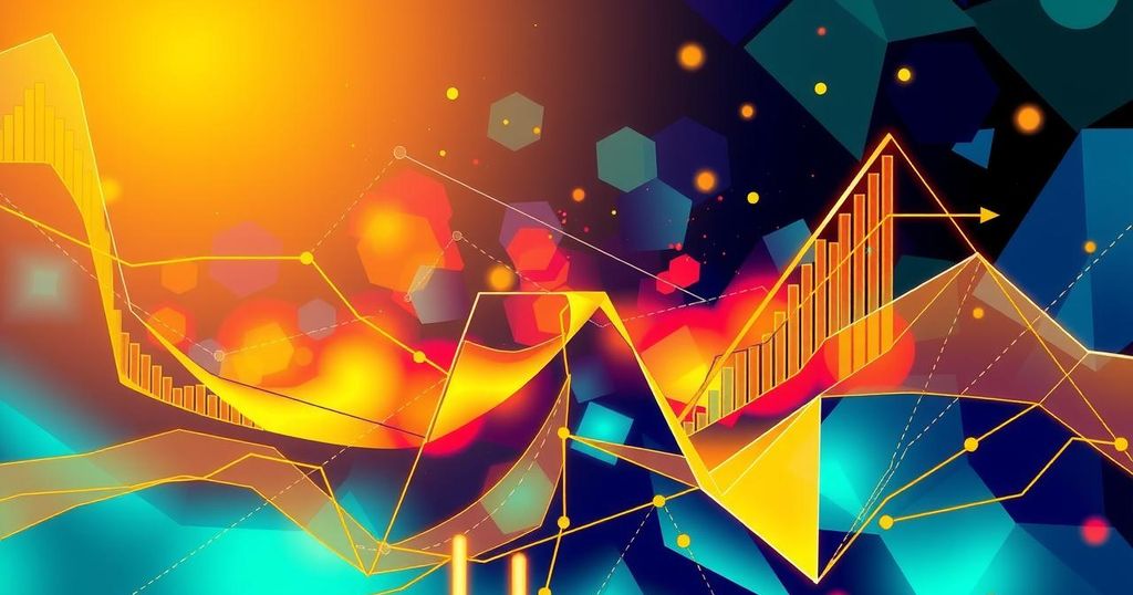 Artistic abstract representation of cryptocurrency trends with vibrant colours and geometric patterns.