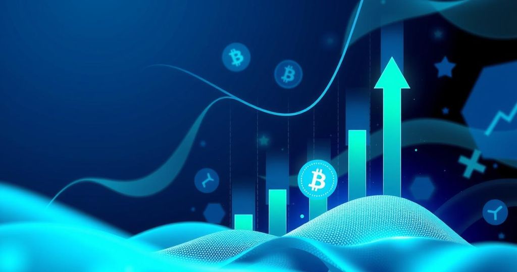 Abstract digital art depicting ascending cryptocurrency trends, vibrant blue and green hues, emphasising market growth.