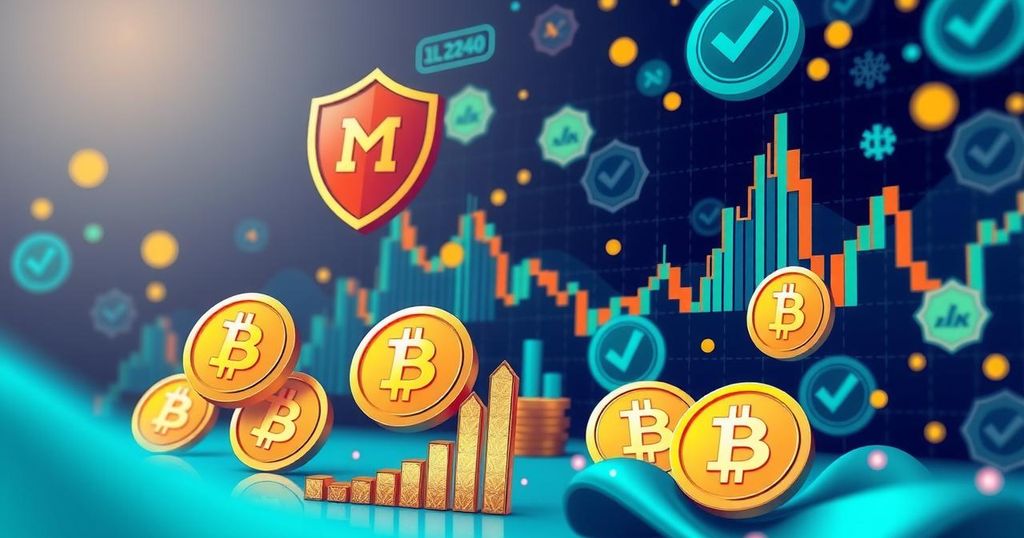 A digital currency market scene with cryptocurrency symbols, charts, and regulatory icons in a modern, minimalist style.