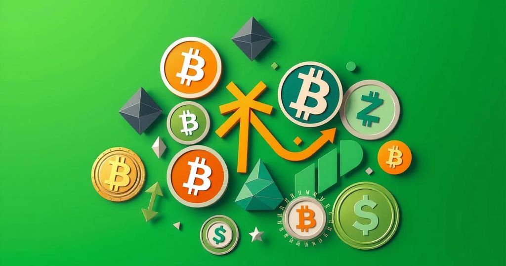 A vibrant illustration of cryptocurrency symbols rising amidst a backdrop of green hues, symbolising market optimism.