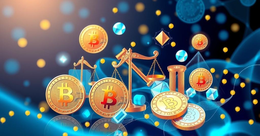 A colourful conceptual illustration of cryptocurrencies and legislative elements intertwined with symbols of finance.